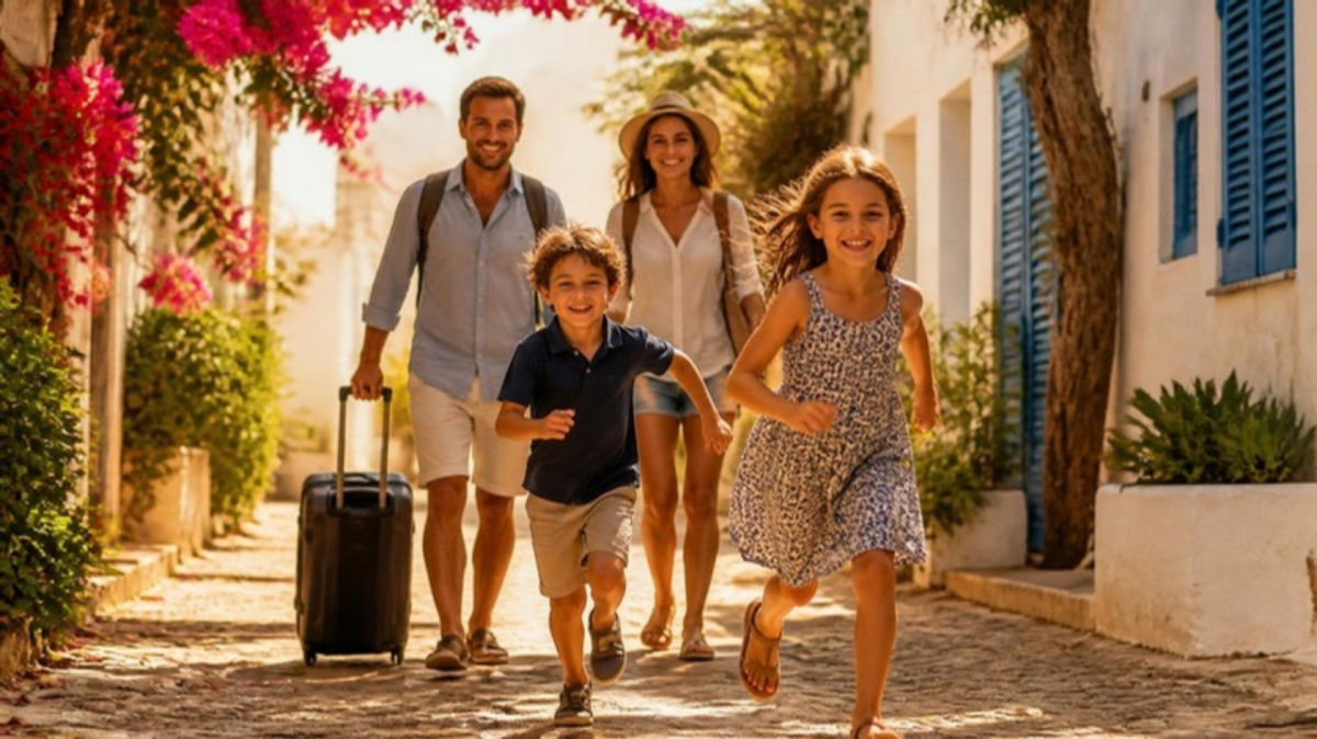 Des parents et leurs deux enfants courent en riant dans une ruelle ensoleillée, valise à la main