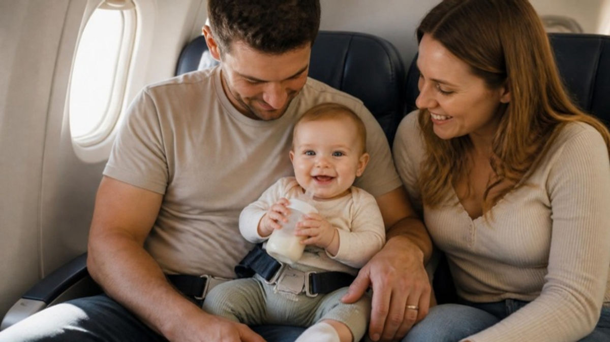 Un père tient son bébé souriant sur les genoux, attaché par une petite ceinture, à côté de la maman dans un avion