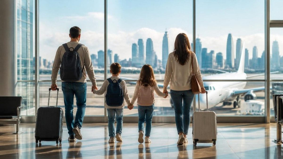 Une famille avec deux enfants, vue de dos, marche avec ses valises dans un terminal d'aéroport, devant une baie vitrée qui donne sur une ville et un avion