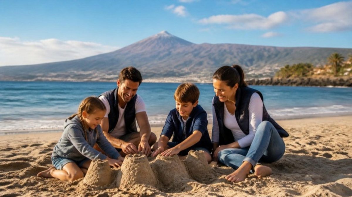 Une famille construit un château de sable sur une plage de Tenerife, le volcan Teide en arrière-plan