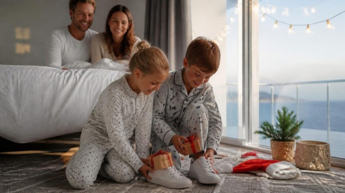 Deux enfants en pyjama découvrent de petits cadeaux glissés dans leurs chaussures, dans une chambre d'hôtel face à la mer
