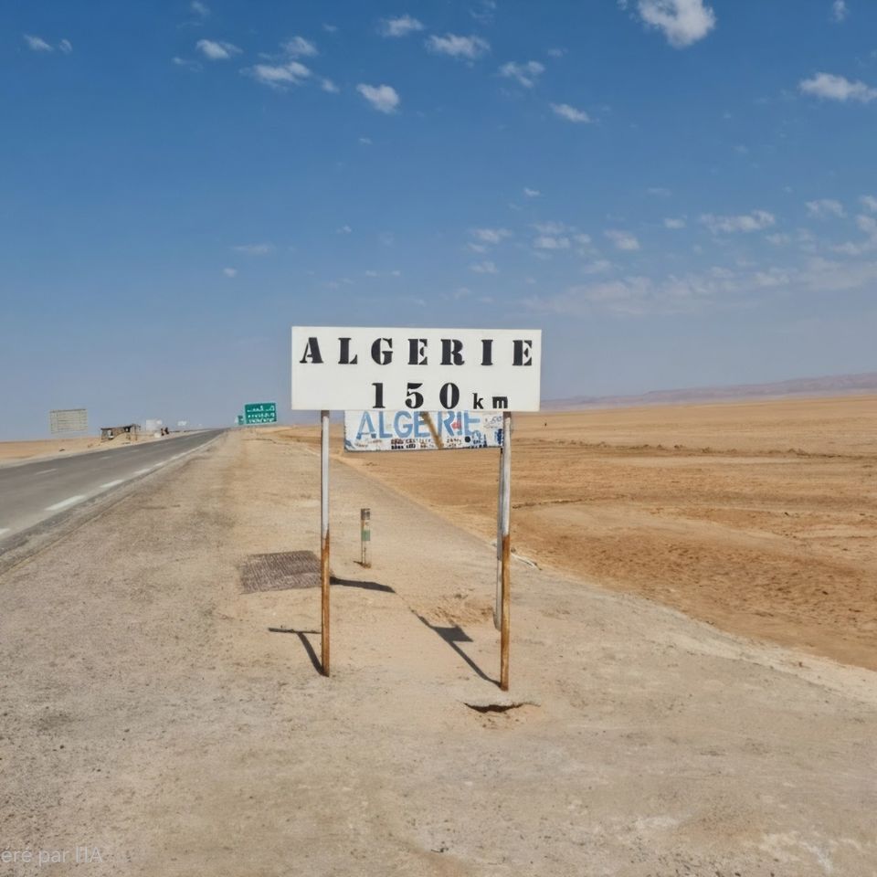 Un panneau au bord d'une route du désert indiquant l'Algérie à 150 km