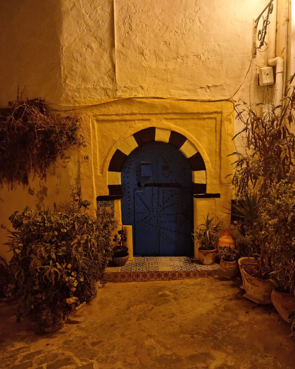 Une porte bleue cloutée sous une arche noire et blanche, entourée de plantes, dans une ruelle éclairée le soir