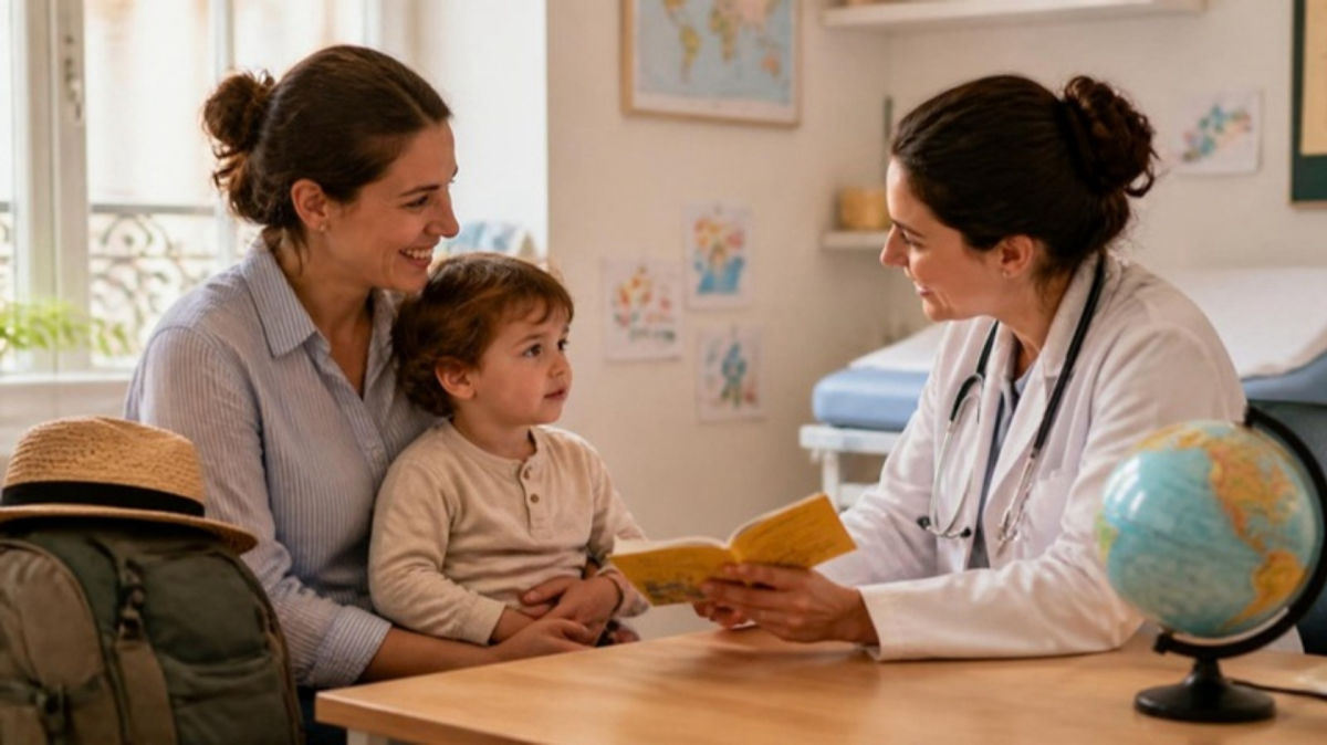 Une mère et son petit garçon chez une médecin qui leur montre un carnet de vaccination jaune, avant un voyage