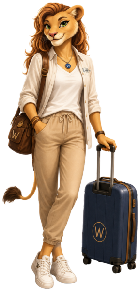 Webbina, une lionne souriante en tenue de voyage, sac en bandoulière et valise à la main